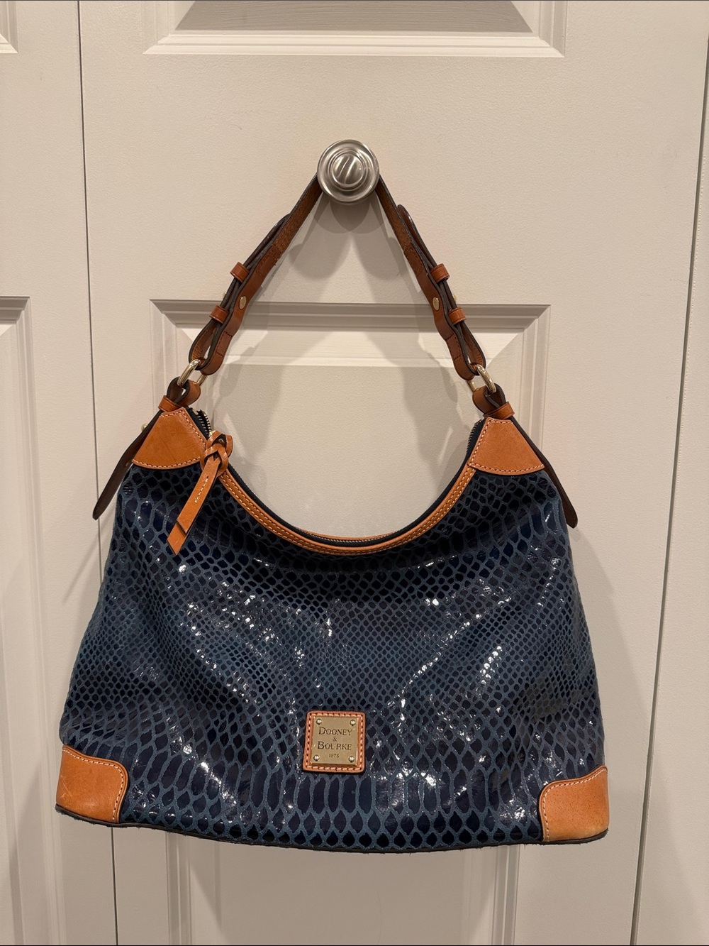 Dooney & Bourke Navy Snake-Embossed Shoulder Bag with Tan Trim